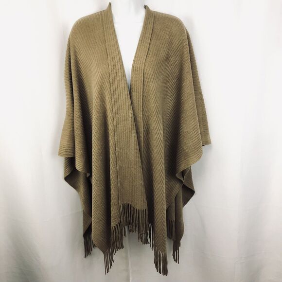 Cejon Basic Knit Women's Poncho Wrap Tan One Size Fringe - Picture 2 of 8
